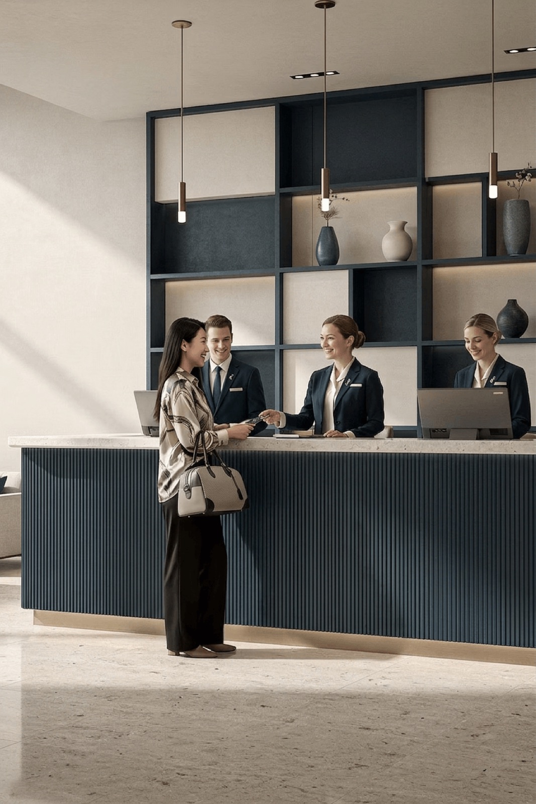 Hotel front desk team welcoming a guest at check-in